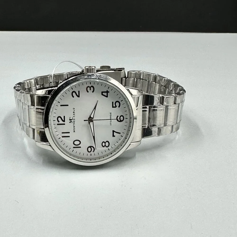 Montres Carlo Watch Men Silver Tone White Dial Round 38MM New Battery 8.25